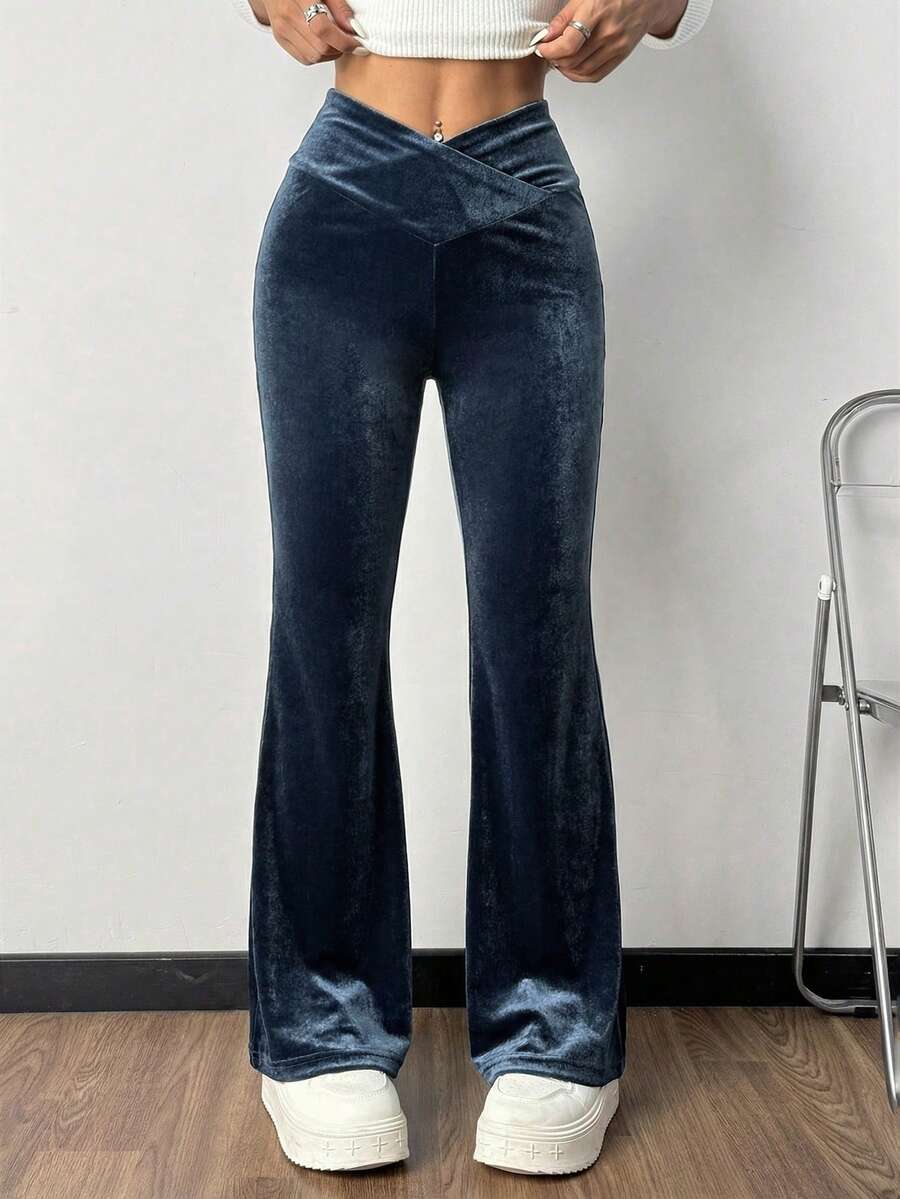 SHEIN EZwear Damen hochwertige graue Samt Schlaghose - Grau - Übersicht 1