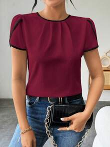 SHEIN LUNE 女士时尚休闲花瓣袖撞色圆领衬衫 - 紅色 - 查看 3