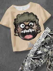 两件套男婴休闲时尚经典酷炫卡通印花圆领短袖T恤和条纹喇叭裤针织套装，适合夏季、街头风、返校季穿着。 - 白色 - 查看 3