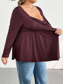 SHEIN CURVE+ Áo thun dài tay cổ trái tim màu trơn cỡ lớn dành cho mùa thu, chất liệu len, kiểu dáng babydoll ôm eo màu trơn/Mùa thu/Mùa đông - Cà phê nâu - Xem 9