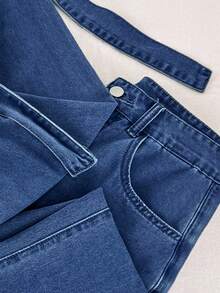 Comfortcana 女士纯色抽绳下摆长袖上衣和裤子休闲牛仔套装 - 深色水洗藍 - 查看 6