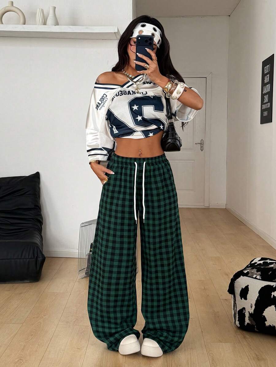 Coolane Quần ống rộng kẻ caro họa tiết phong cách vintage xuân/hè dành cho nữ, thích hợp cho các buổi hòa nhạc, lễ hội, tiệc tùng, đi chơi, hội chợ thời Phục Hưng, câu lạc bộ. - màu xanh lá - Xem 1