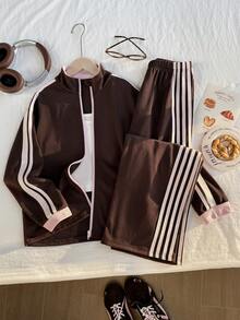 SHEIN 女童两件套休闲时尚套装：撞色织带拉链上衣 + 运动阔腿长裤，适合休闲穿着，春秋季节、返校季、日常穿着，完美的户外服装 - 咖啡棕 - 查看 3
