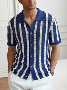 Manfinity CityGents Men's Striped Single-Breasted Casual Everyday Commute Knit Short Sleeve Top Mens Beach Shirt Mens Blue And White Shirt Men Crochet Shirt Cuban Shirt Men Knitted Men Shirt Men Blue And White Shirt - Multicolor - View 6