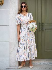 Louniche Đầm chữ A cổ chữ V, eo bèo nhún, họa tiết hoa nhí, thích hợp cho các buổi đi chơi mùa xuân hoặc hẹn hò. - Nhiều màu - Xem 5