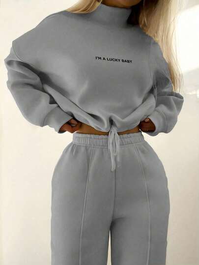 EMERY ROSE Plus Size Women Casual Everyday Commute Versatile Slogan Print High Neck Twist Hem Loose Sweatshirt And Sweatpants Thermal Lined Two Pieces Set, Autumn/Winter