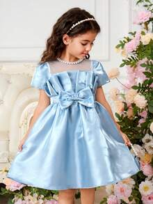1pc Girls' Summer Blue Flower Girl Dress,Mesh Collar Short Sleeve Satin Puff Skirt With Bow Decor,Elegant Formal Party Birthday Performance Dress - Blue - View 6