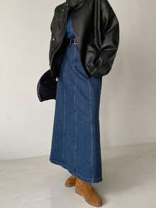 DAZY Women's Denim Washed Ripped Long Sleeve Single-Breasted Jacket And Mini Skirt Casual Suit - Dark Wash - View 5