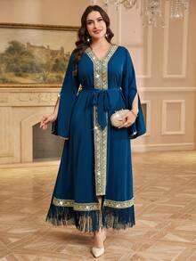 Reflora Plus Size V-Neck Cape Sleeve Vintage Elegant Dress, Sky Blue Autumn Modest Wedding Guest Bridesmaid Party Dresses, Women Arabian Turkish Luxury - Blue - View 5