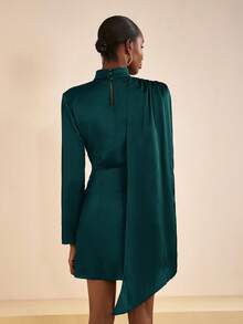 Zivah Autumn Elegant Emerald Green Party Night Satin Mandarin Collar Long Sleeve Pleated Design Flounce Mini Dress,High-End Minimalist Banquet Ball Fashion - Green - View 2