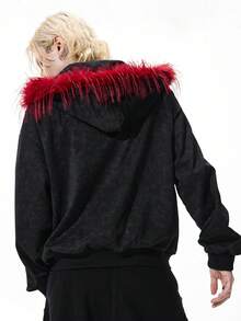 ROMWE MEN Goth Áo hoodie nam màu tối, viền lông mềm mại, có khóa kéo, kiểu dáng thường ngày, thích hợp cho mùa thu. - màu đen - Xem 3