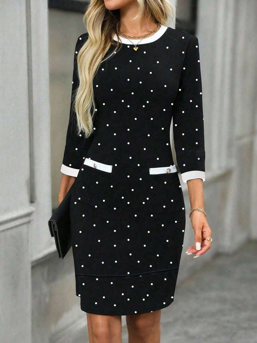 EMERY ROSE 女士休闲简约短款连衣裙，秋冬春季商务休闲连衣裙，黑白波点连衣裙，休闲款 - 白色 - 查看 1