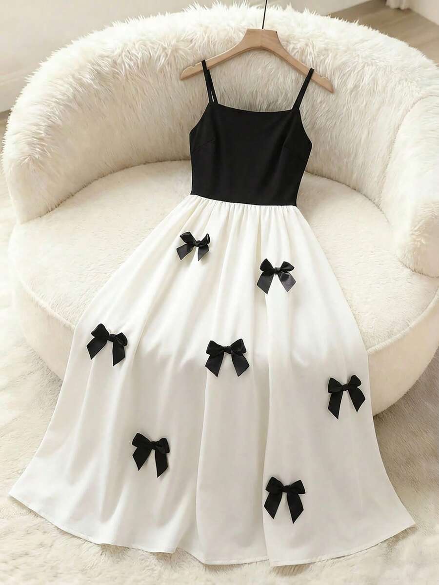 Teen Girls Elegant Style Pink Bow Sleeveless Camisole Mini Dress, Waist Cinched, Suitable For Vacation, Party, Daily Wear, Spring/Summer - Black - View 1