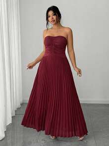 Elenzga 大码女装春夏新款奢华优雅酒红色无肩带褶皱长裙，抽绳腰身设计，飘逸垂坠。适合浪漫婚礼、正式派对、情人节、都市出行、高雅音乐节、休闲嘉年华等各种场合：奢华优雅时尚 - 酒紅色 - 查看 5