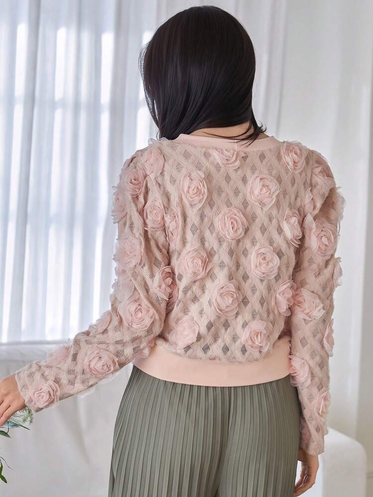 Women's Elegant V-Neck Puff Sleeve 3D Floral Blouse, Spring/Summer