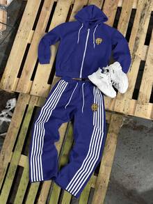 Manfinity Roghcode 男士休闲时尚街头运动徽章印花拉链抽绳连帽衫和撞色条纹侧边裤套装，春秋季 - 寶藍色 - 查看 4