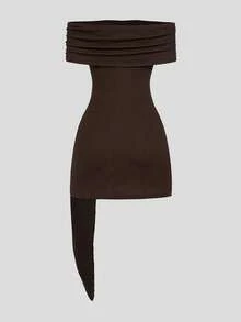 INAWLY Women's Fashionable & Elegant Knitted Textured Fitted Off Shoulder Bell Sleeve Mini Dress With Metal Accessories - Brown - View 2