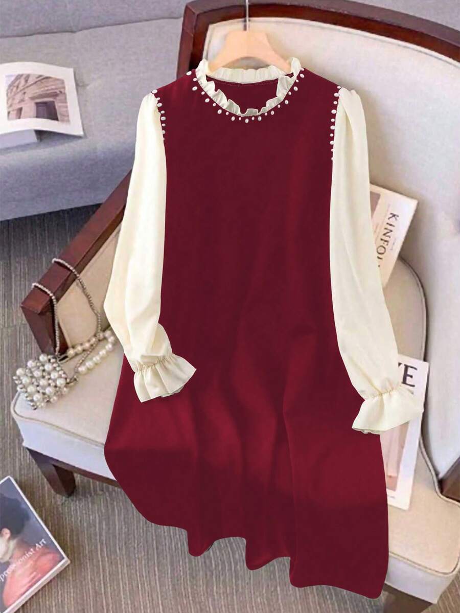 GlowEve CURVE Plus Size Women Stand Collar Colorblock 2 In 1 Sweet Date Dress