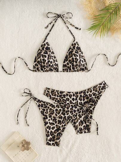 Swim Vcay Summer Beach Women 3pcs/Set Solid Color Halter Backless Tie Top + Knotted Triangle Bikini Bottom + Triangle Bikini Set Set Animal Print Swim Wear Bathing Suit Sets Animal Print Bikini Cheetah Print Bathing Suit Women Swimsuit Sets