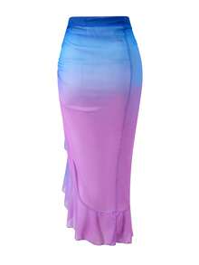 Swim Mulvari 3件套女士时尚渐变拉链长袖圆领泳衣上衣、长款弹力腰泳裤和系带裙比基尼套装 - 彩色 - 查看 4