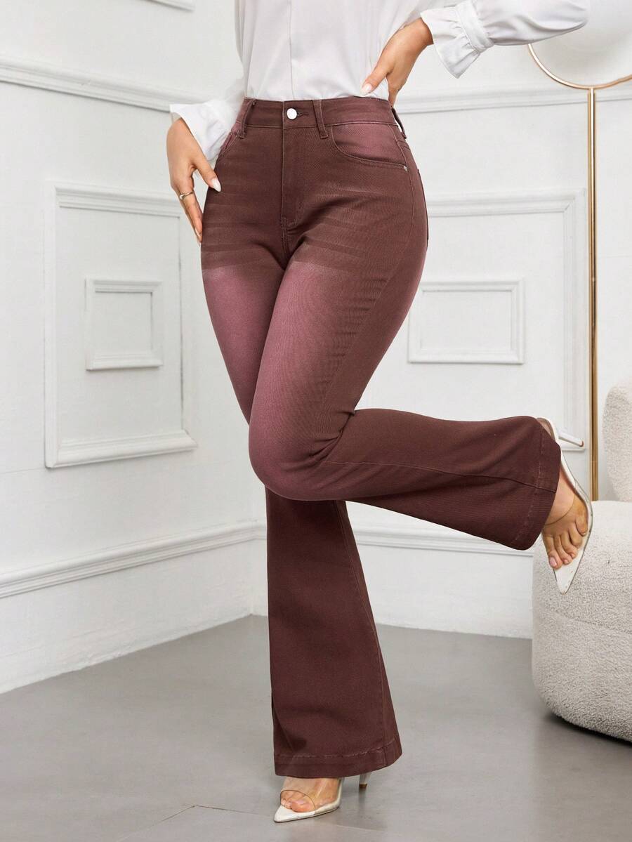 SHEIN Essnce Jeans vintage de cintura alta con pierna acampanada y ajuste a la figura - Burdeos - Ver 1
