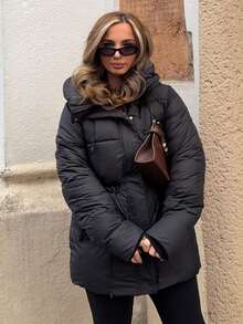 Jeta Ari 时尚休闲可调节腰部绗缝连帽加厚棉服外套冬季 - 黑色 - 查看 6