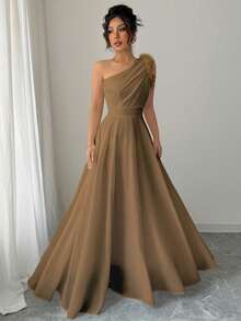 Modelyn 复古法式浪漫不对称领口荷叶边连衣裙 - 棕色 - 查看 4