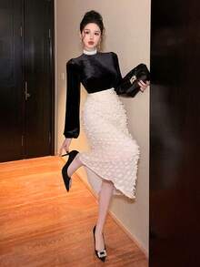 DAZY Đầm midi thanh lịch mùa xuân & hè với thiết kế đính cườm, thắt eo, phù hợp cho các dịp thường nhật, nghỉ mát, đám cưới, tiệc tùng, đi làm. - màu đen - Xem 5