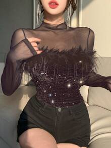 DAZY 春季新款透视网纱拼接纹理派对风女式T恤，Y2K风格 - 棕色 - 查看 6