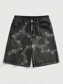 ROMWE MEN Goth 男士休闲日常牛仔短裤，带口袋和水钻纽扣 - 黑色 - 查看 10