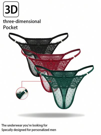 3pcs/Pack Men's Sexy Lace Underwear, Multicolor