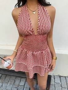 Sweetra Sweet Girl Style Jacquard Delicate Fabric French Romantic Ruffled Hem Dress With Sexy Halter Design, New Spring Collection, Suitable For Halloween, Valentine's Day - Red - View 6