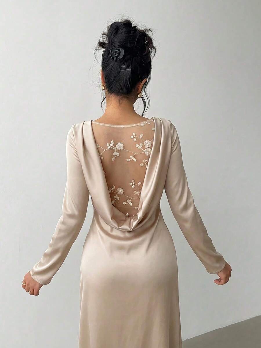 Aloruh Apricot Backless Textured Splice Plunging Neck Long Sleeve Bodycon Dress, Suitable For Parties, Balls, Winter, Valentine's Day, New Year,Winter Dresses,Valentine Outfits For Women ,New Year Dress,Elegant Dresses For Women - Apricot - View 1