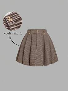 SHEIN MOD 大码女士复古格子百褶迷你裙，复古裙，外出裙，学院风裙，冬季裙 - 棕色 - 查看 6