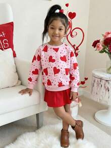 Cute Heart Print Loose Fit Sweatshirt, Versatile For Casual Daily Wear, Holidays, Parties, Valentine's Day - Red - View 4