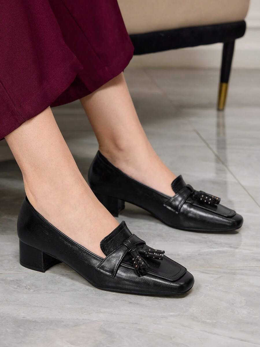 Sleekvia Women's Tassel Design Fashionable High Heels For Daily Commute - Black - View 1