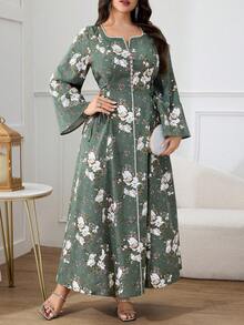 Al Najma 大码女式印花喇叭袖纽扣设计优雅阿拉伯连衣裙 - 紅色 - 查看 3