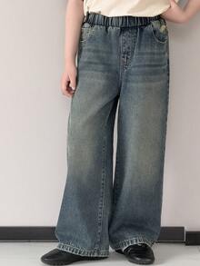 Dazy Kids Pantalones vaqueros casuales anchos de cintura elástica con bolsillos para niños preadolescentes - Azul - Ver 4