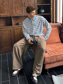 SWAVVY Men's Fashionable Jacquard Casual Loose Pants, Autumn/Winter Designer Pants Baggy Wide Leg Pants Tweed Pants Pleated Pants Boho Pants St Patrick's Day Tapestry Pants Herringbone Pants - Khaki - View 7