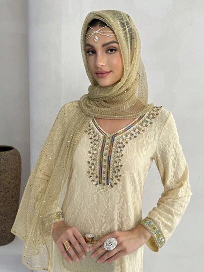 Yasmyna 女士蕾丝贴花装饰V领长袖优雅阿拉伯风格连衣裙