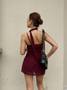 Elegant Spring/Summer Ribbon Suit For Women, Burgundy Floral Cutout Resort Suit For Women - Burgundy - View 2