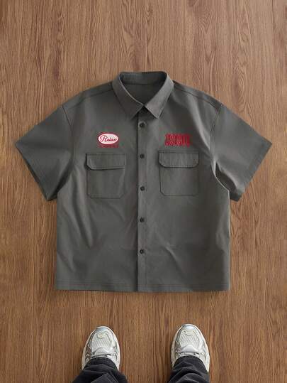 EASEVO Plus Size Men's Drop Shoulder Short Sleeve Front Button Casual Cargo Style Shirt