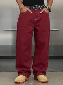 Manfinity ZONE917 男士休闲印花牛仔裤 - 酒紅色 - 查看 3