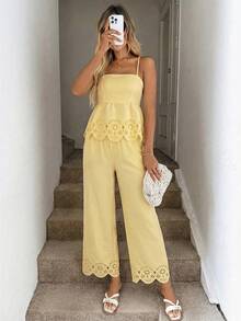 SHEIN LUNE 女士休闲扎染印花无袖上衣和裤子两件套，适合夏季度假、通勤和日常穿着 - 鵝黃色 - 查看 5