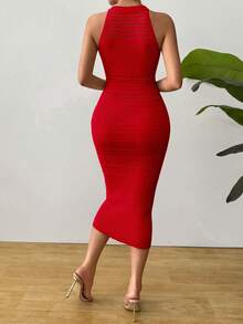 SHEIN Clasi Đầm len nữ không tay, kiểu dáng tối giản, chất liệu có họa tiết, đục lỗ, xếp ly. - Đỏ - Xem 2