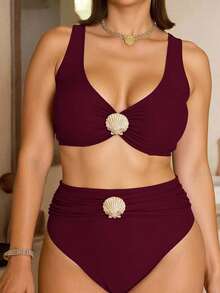 Swim Chiccia Bộ đồ bơi cỡ lớn màu đỏ tía sang trọng mới năm 2026 với họa tiết kim loại, thích hợp cho tiệc tùng, kỳ nghỉ và hẹn hò. - Màu Đỏ Sâu - Xem 3
