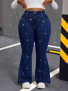 Slaydiva Quần jean cỡ lớn, quần jean cạp cao, quần jean ống loe bó, quần jean ống loe denim đính đá, quần jean xanh hoàng gia, thời trang đường phố, trang phục hẹn hò, trang phục dự tiệc và lễ hội âm nhạc, Y2K - Rửa tối - Xem 3