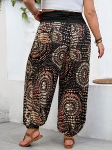 SHEIN CURVE+ Curve 尺码 US22 音乐节、海滨度假、波西米亚休闲度假时尚高腰印花哈伦裤 - 黑色 - 查看 4