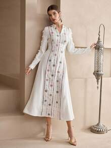 Al Najma Vestido árabe de manga larga bordado de manera tradicional para mujeres - Albaricoque - Ver 6