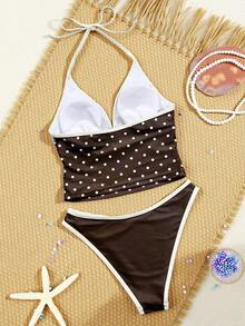 Swim SXY 随机波点印花深V领系带侧褶皱性感沙滩比基尼套装，女士，春夏款 - 彩色 - 查看 2